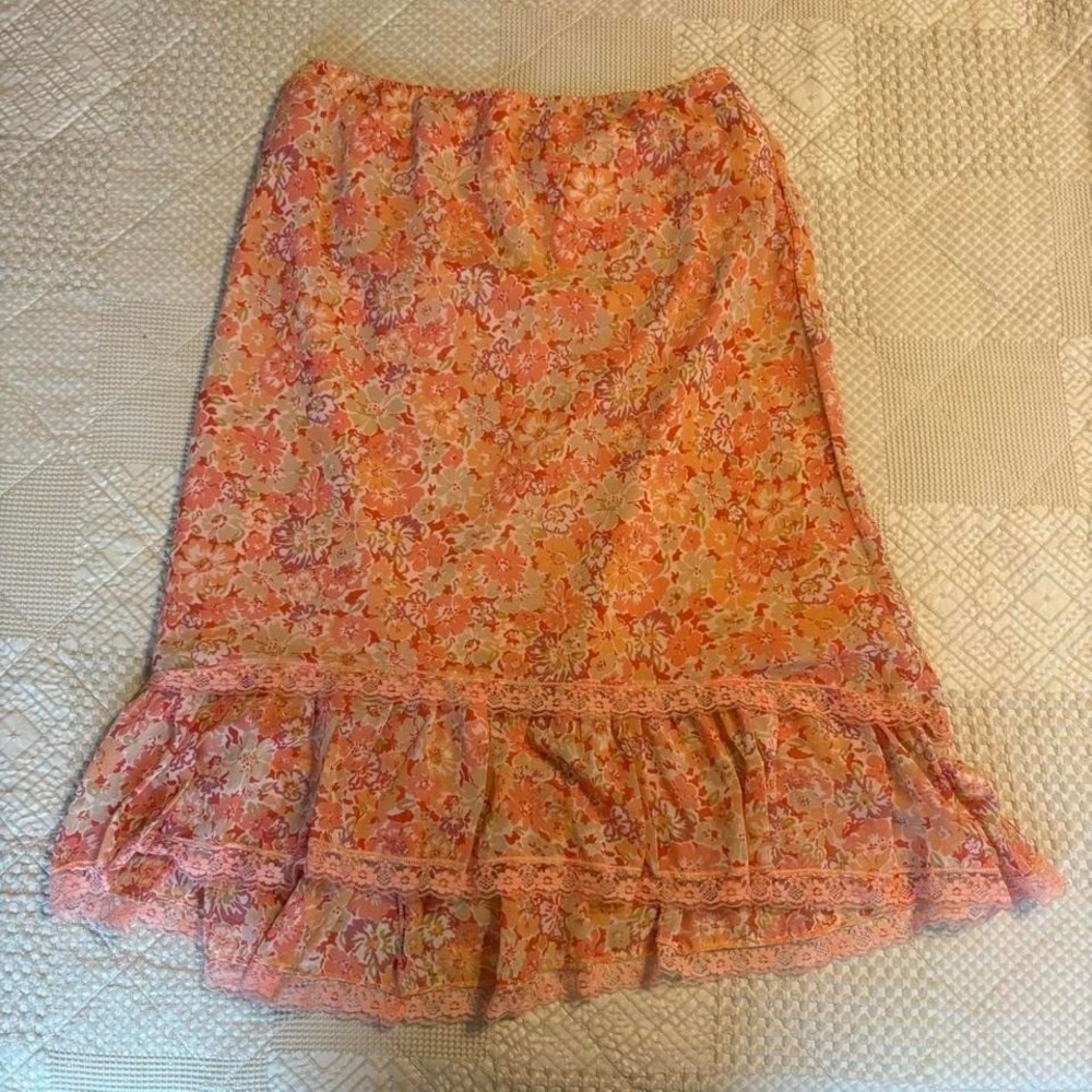 Y2K Orangey Pink floral maxi skirt with ruffles and lace trim, SZ 16